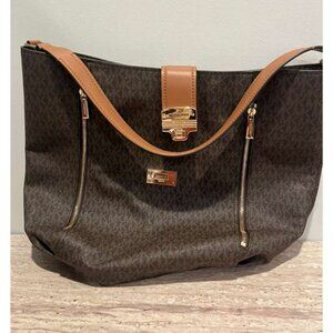 Michael Kors Women Brown Addie Large MK Signature Hobo Shoulder Bag